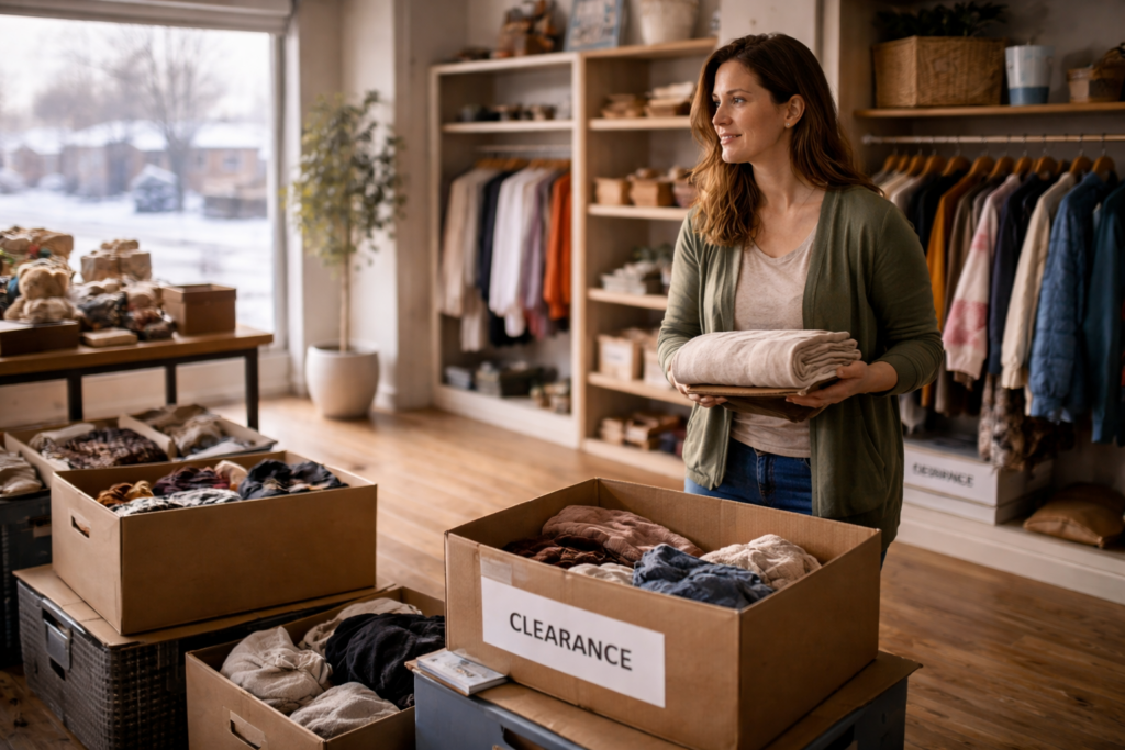 Reorganising the boutique in winter light