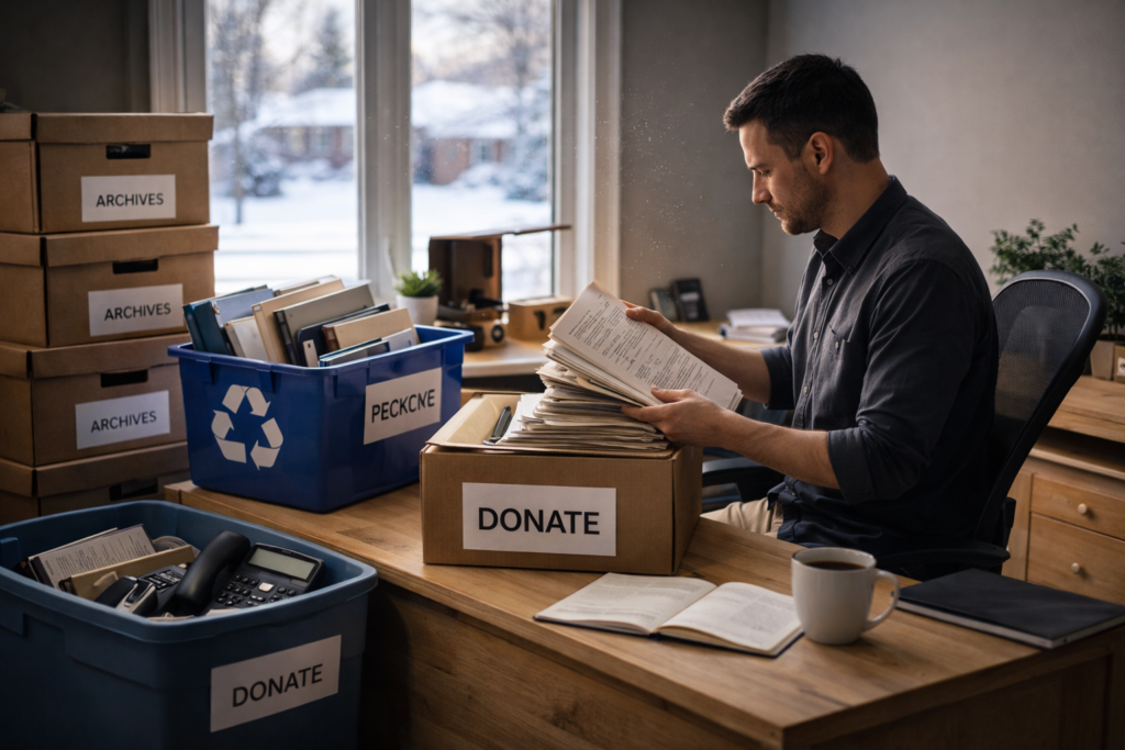 Sorting through old documents in winter