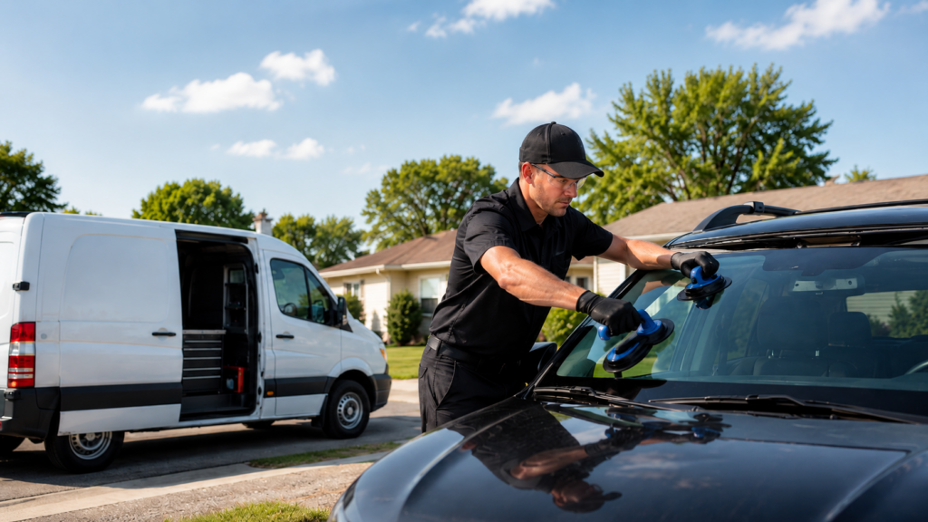 Car windshield repair in sunny suburbia